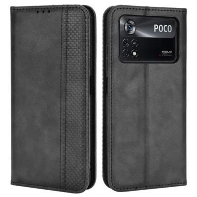 For Xiaomi Poco X4 Pro 5G Mosaic Imprinted Vintage Leather Book Case Viewing Stand Wallet Magnetic Absorption Flip Cover - Black
