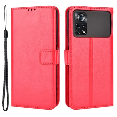 For Xiaomi Poco X4 Pro 5G Crazy Horse Texture Flip Cover PU Leather Stand Wallet Shockproof Protective Phone Case with Wrist Strap - Red
