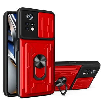 For Xiaomi Poco X4 Pro 5G Slide Camera Cover PC + TPU Card Holder Phone Case with Ring Kickstand - Red