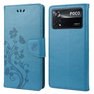 For Xiaomi Poco X4 Pro 5G Butterfly Flower Imprinting Wallet Flip Case PU Leather Wrist Strap Stand Feature Protective Cover - Blue