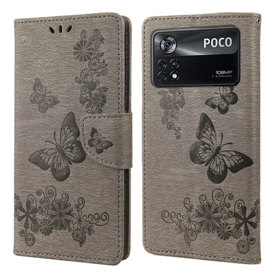 For Xiaomi Poco X4 Pro 5G PU Leather Butterfly Flower Imprinted Stand Flip Cover TPU Inner Shell Shockproof Protective Wallet Phone Case with Strap - Grey
