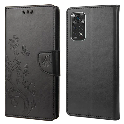 For Xiaomi Redmi Note 11 4G (Qualcomm)/Redmi Note 11S 4G Imprinted Flowers Butterflies Pattern PU Leather Cover Wallet Stand Phone Case Shell - Black
