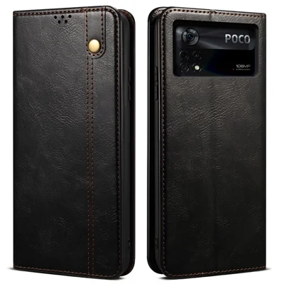 For Xiaomi Poco X4 Pro 5G Wallet Phone Case Shockproof Folio Flip Cover Waxy Crazy Horse Texture Magnetic Auto-absorbed Leather Case TPU Inner Shell with Stand - Black