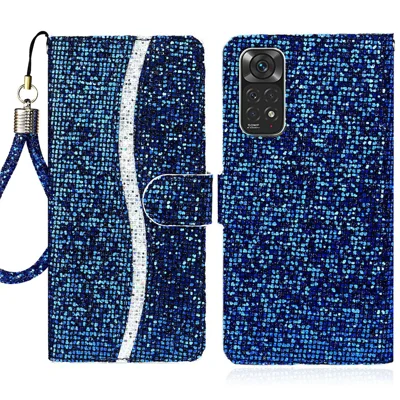 For Xiaomi Redmi Note 11 4G (Qualcomm)/Redmi Note 11S 4G Glittery Sequins PU Leather Drop-proof Scratch-resistant Wallet Phone Case with Stand - Blue