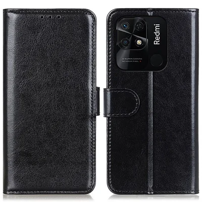 Crazy Horse Texture Phone Case for Xiaomi Redmi 10C 4G Anti-Scratch PU Leather Wallet Stand Cover - Black