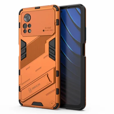 For Xiaomi Poco X4 Pro 5G Double Layer Design TPU+PC Case Kickstand Heavy Duty Armor Cover - Orange