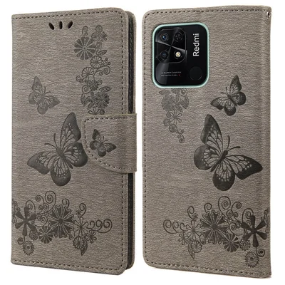 Voor Xiaomi Redmi 10C 4G PU Leren Butterfly Flower Afdruk Hoesje Stand Wallet Beschermhoes met Bandje - Grijs