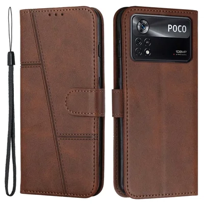 For Xiaomi Poco X4 Pro 5G Stitching Wallet Case PU Leather Magnetic Closure Stand Function Mobile Phone Cover with Strap - Brown