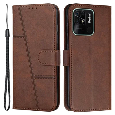 For Xiaomi Redmi 10C 4G Stitching PU Leather Wallet Case Magnetic Closure Full Protection Book Design Stand Cover with Strap - Brown