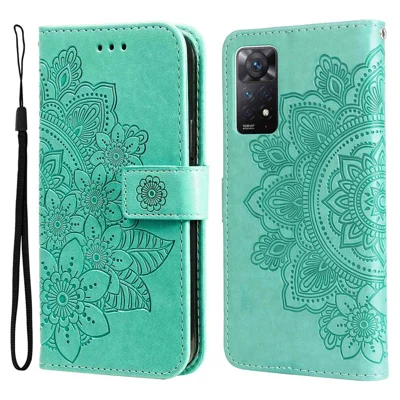 För Xiaomi Redmi Note 12 Pro 4G / 11 Pro 4G (MediaTek) / Note 11 Pro 5G (Qualcomm) Remdesign Blommönstrad Plånbok Läder Ställare Mobilskal - Grön