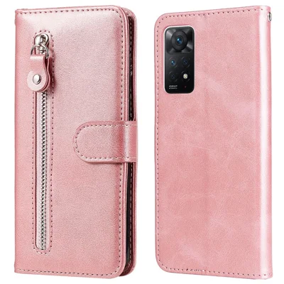 For Xiaomi Redmi Note 12 Pro 4G / 11 Pro 4G (MediaTek) / Note 11 Pro 5G (Qualcomm) PU Leather Cell Phone Bag Case Magnetic Clasp Zipper Pocket Wallet Phone Cover - Rose Gold