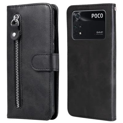 For Xiaomi Poco M4 Pro Wallet Ståfunktion PU Læder Telefonbeskyttelse med Magnetlås og Lågelys Hård Dæksel - Sort