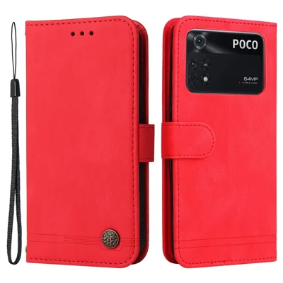 For Xiaomi Poco M4 Pro Leather Wallet Cases Skin Touch Phone Cover Stand with Strap - Red