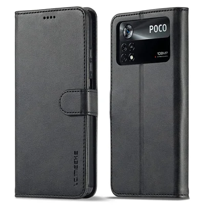 LC.IMEEKE for Xiaomi Poco X4 Pro 5G Textured PU Leather Anti-collision Flip Folio Stand Wallet Case Phone Case Cover - Black