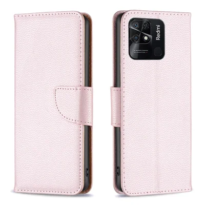 For Xiaomi Redmi 10C 4G Wallet Case Litchi Texture Flip Leather Mobile Cover Stand with Strap - Rose Gold
