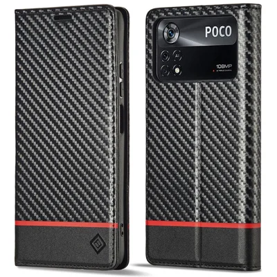 LC.IMEEKE For Xiaomi Poco X4 Pro 5G Anti-scratch Flip Wallet Case, PU Leather Carbon Fiber Texture Stand Magnetic Auto-absorbed Folio Phone Cover - Horizontal Stripe