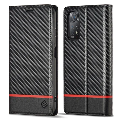 LC.IMEEKE For Xiaomi Redmi Note 11 4G (Qualcomm)/Note 11S 4G Shockproof Flip Wallet Case, PU Leather Carbon Fiber Texture Stand Magnetic Auto-absorbed Phone Cover - Horizontal Stripe