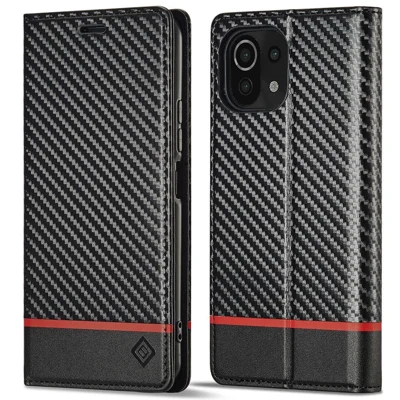 LC.IMEEKE For Xiaomi 11 Lite 5G NE/Mi 11 Lite 5G/4G Flip Wallet Case, PU Leather Carbon Fiber Texture Stand Magnetic Auto-absorbed Folio Phone Cover - Horizontal Stripe