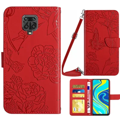 Für Xiaomi Redmi Note 9 Pro/Note 9 Pro Max/Note 9S Schmetterling Blumen Prägemuster Wallet Flip Case PU Leder Buchstil Stand Magnetische Abdeckung mit Schultergurt - Rot