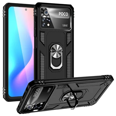 For Xiaomi Poco X4 Pro 5G Ring Kickstand Phone Case Soft TPU+Hard PC Military Shockproof Protective Cover - Black