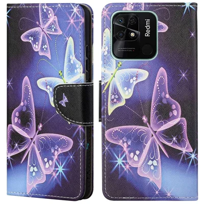 Voor Xiaomi Redmi 10C 4G Cross Texture Patroon Afdrukken PU Leren Portemonnee Hoesje Vouwbare Stand Hoes - Fonkelende Vlinders