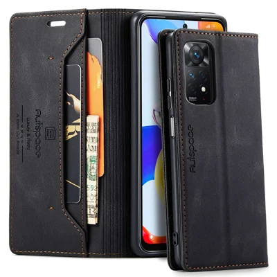 AUTSPACE A01 Series for Xiaomi Redmi Note 12 Pro 4G / 11 Pro 4G (MediaTek) / Note 11 Pro 5G (Qualcomm) Leather Case RFID Blocking Stand Cover - Black