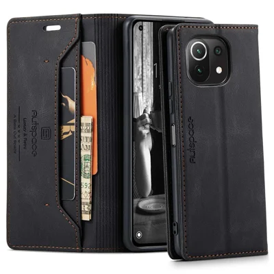 AUTSPACE A01 Series for Xiaomi Mi 11 Lite 4G/5G/11 Lite 5G NE PU Leather Case RFID Blocking Wallet Stand Flip Cover - Black