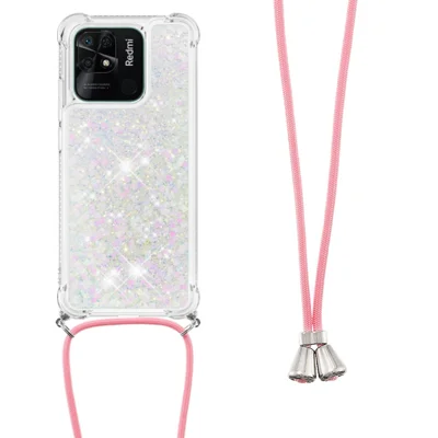 For Xiaomi Redmi 10C 4G TPU Case Quicksand Design Phone Cover with Lanyard - Laser / Hearts