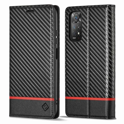 LC.IMEEKE Carbon Fiber Texture Book Style Leather Case for Xiaomi Redmi Note 12 Pro 4G / Note 11 Pro 4G (Mediatek) / Note 11 Pro 5G (Qualcomm), Magnetic Auto-absorbed Wallet Stand Phone Cover - Horizontal Stripe