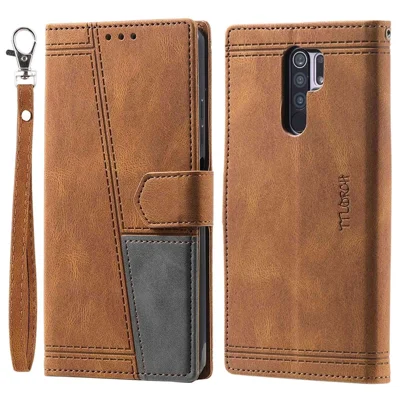 TTUDRCH For Xiaomi Redmi 9 004 Splicing Skin-touch Stand Phone Case PU Leather Wallet Cover with RFID Blocking - Brown