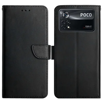 Nappa Texture Genuine Leather Case for Xiaomi Poco X4 Pro 5G, Anti-collision Wallet Stand Design Magnetic Closing Mobile Phone Shell - Black