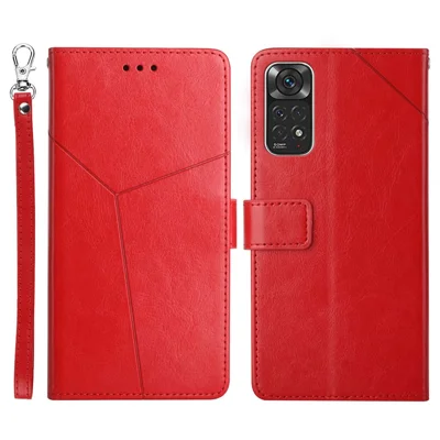 For Xiaomi Redmi Note 11 4G (Qualcomm)/Redmi Note 11S 4G PU Leather Imprinted Y-Shaped Lines Cover Stand Wallet All-Inclusive Protective Case with Strap - Red