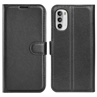 For Motorola Moto G52 4G / G82 5G Litchi Texture Phone Case PU Leather+TPU Viewing Stand Wallet Protective Phone Cover - Black