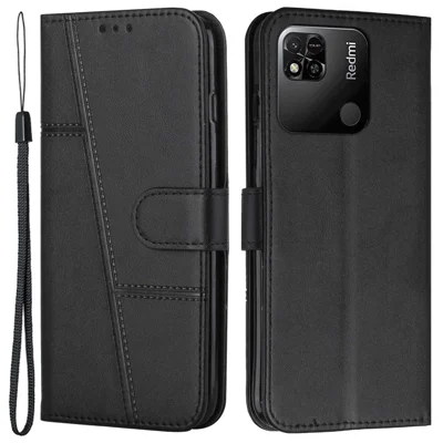لـ Xiaomi Redmi 10A/Poco C31/Redmi 9C/9C NFC غطاء واقٍ من جلد PU بنمط التخييط مع محفظة وظيفية وحامل مقاوم للصدمات مع حزام - أسود