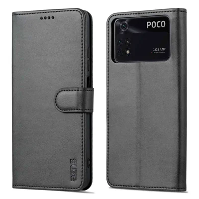 AZNS For Xiaomi Poco X4 Pro 5G PU Leather Wallet Flip Case Shockproof TPU Inner Shell Folio Stand View Bookstyle Cover - Black