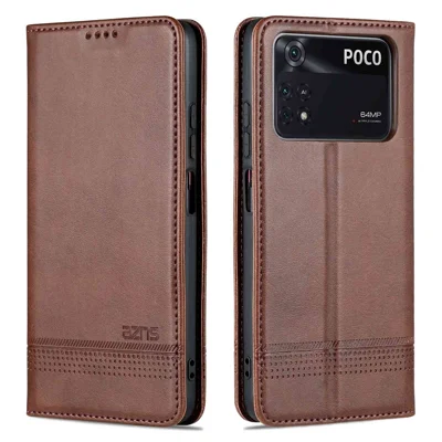 AZNS til Xiaomi Poco M4 Pro 4G PU-læder Folio Cover ståplads skjult magnetisk adsorption fuld beskyttelse wallet flip case - Kaffe