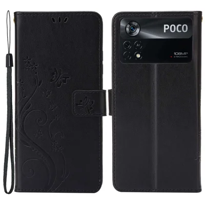 Butterfly Flower Imprinting Wallet Leather Case for Xiaomi Poco X4 Pro 5G, Magnetic Clasp Design Phone Shell Accessory with Stand - Black