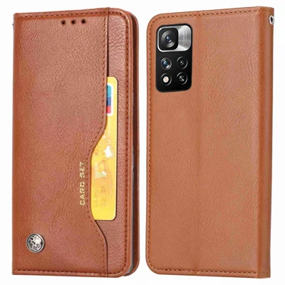 For Xiaomi Redmi Note 11 Pro 5G (Qualcomm)/Note 11 Pro 4G (MediaTek) Outer Card Slot PU Leather Wallet Stand Case Magnetic Auto Closing Phone Cover - Brown
