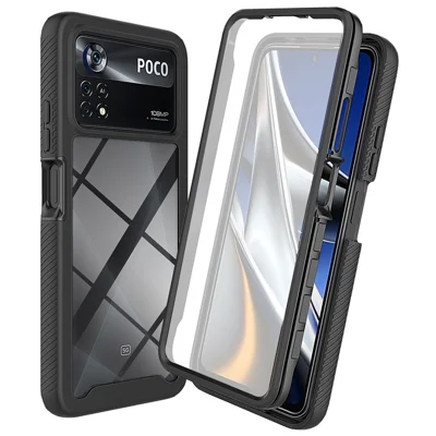 PC + TPU Hybrid Case for Xiaomi Poco X4 Pro 5G, Full Covering Anti-fall Anti-scratch 3-in-1 Cell Phone Shell with PET Screen Protector - Black