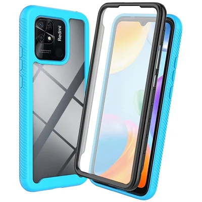PC + TPU Hybrid Case for Xiaomi Redmi 10C 4G, Full Covering Wear-Resistant 3-in-1 Mobile Phone Shell with PET Screen Protector - Baby Blue