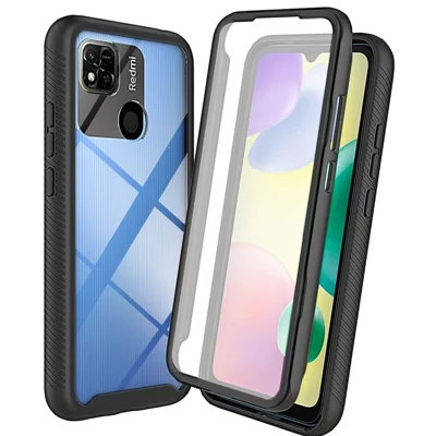 PC + TPU Hybride hoes voor Xiaomi Redmi 9C/9C NFC/10A, volledige dekking 3-in-1 stootvrije telefoonhoes met PET-schermprotector - Zwart