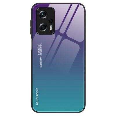 For Xiaomi Redmi Note 11T Pro 5G / Note 11T Pro+ 5G / Poco X4 GT 5G / Redmi K50i 5G Scratch-resistant Anti-fall Phone Shell Gradient Color Tempered Glass Back + Soft TPU Edge Case - Purple / Blue