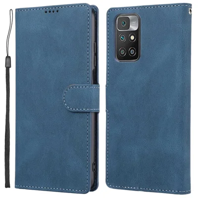 For Xiaomi Redmi Note 11 4G (MediaTek)/Redmi 10 4G (2021)/Redmi 10 2022 4G/10 Prime Shockproof Flip Leather Case Supporting Stand Wallet Magnetic Anti-fall Cover with Wrist Strap - Blue