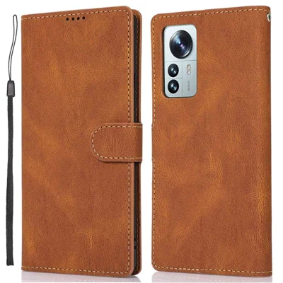 For Xiaomi 12 Pro 5G/12S Pro 5G/12 Pro (Dimensity) 5G Shock Resistant Flip Leather Wallet Case Magnetic Anti-scratch Cover Stand with Wrist Strap - Brown