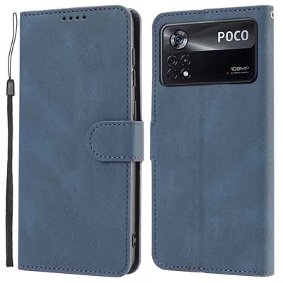 For Xiaomi Poco X4 Pro 5G PU Leather Magnetic Closure Handbag Stand Shockproof Flip Folio Wallet Cover with Strap - Blue