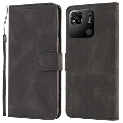 غطاء هاتف مقاوم للسقوط لهاتف Xiaomi Redmi 10A، غطاء بحامل ومحفظة من جلد PU مغناطيسي مقاوم للصدمات مع حزام معصم - أسود