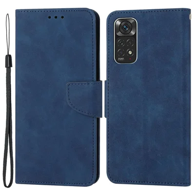For Xiaomi Redmi Note 11 4G (Qualcomm)/Redmi Note 11S 4G Solid Color PU Leather Handbag Magnetic Closure Stand Wallet Phone Case with Wrist Strap - Blue