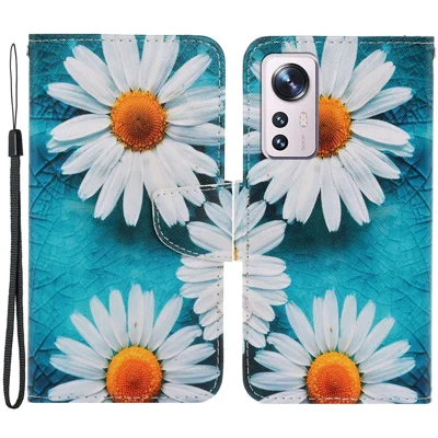 Pattern Printing PU Leather Phone Cover for Xiaomi 12 Lite 5G, Wallet Stand Cross Texture Case with Strap - Chrysanthemum