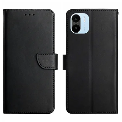 HT02 Nappa Texture Stand Phone Case for Xiaomi Redmi A1 4G, Genuine Leather Wallet Full Protection Cover - Black