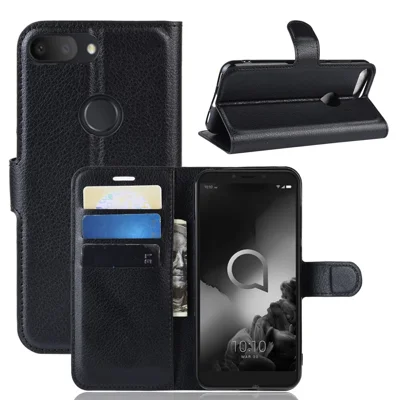 Litchi -brieftasche Lederständer Telefonschale Für Alcatel 1S (2019) - Schwarz